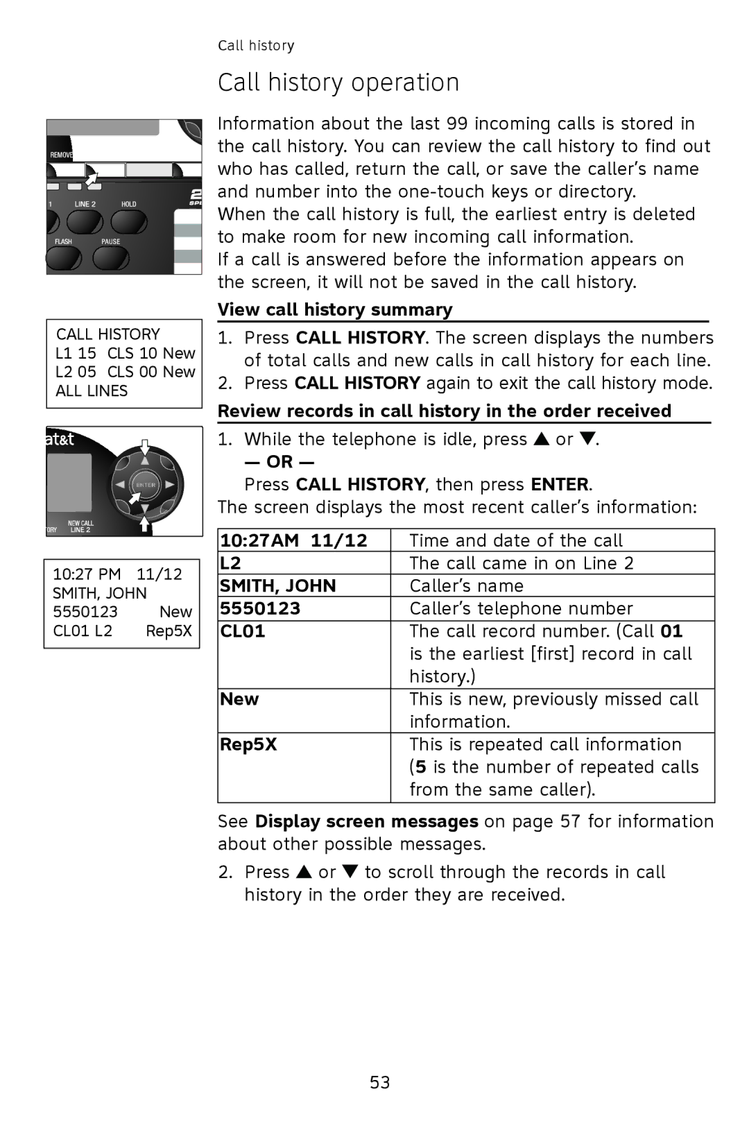 AT&T 993 2-Line user manual Call history operation 