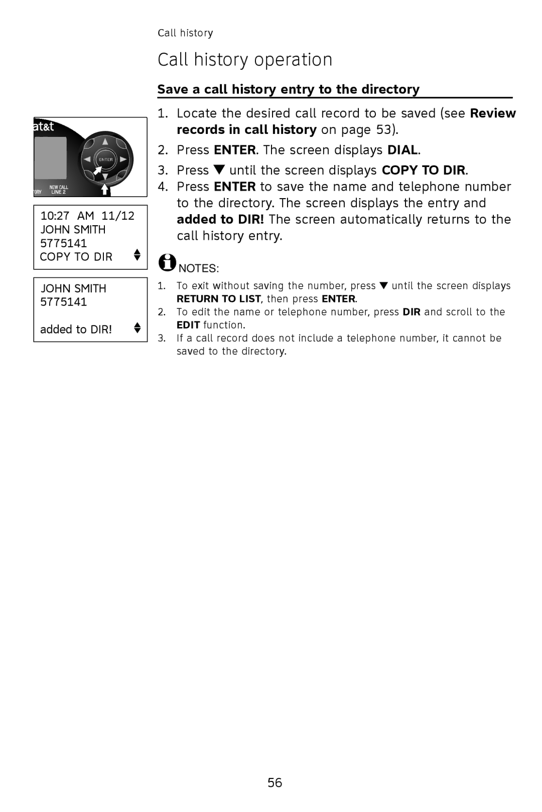 AT&T 993 2-Line user manual Save a call history entry to the directory 