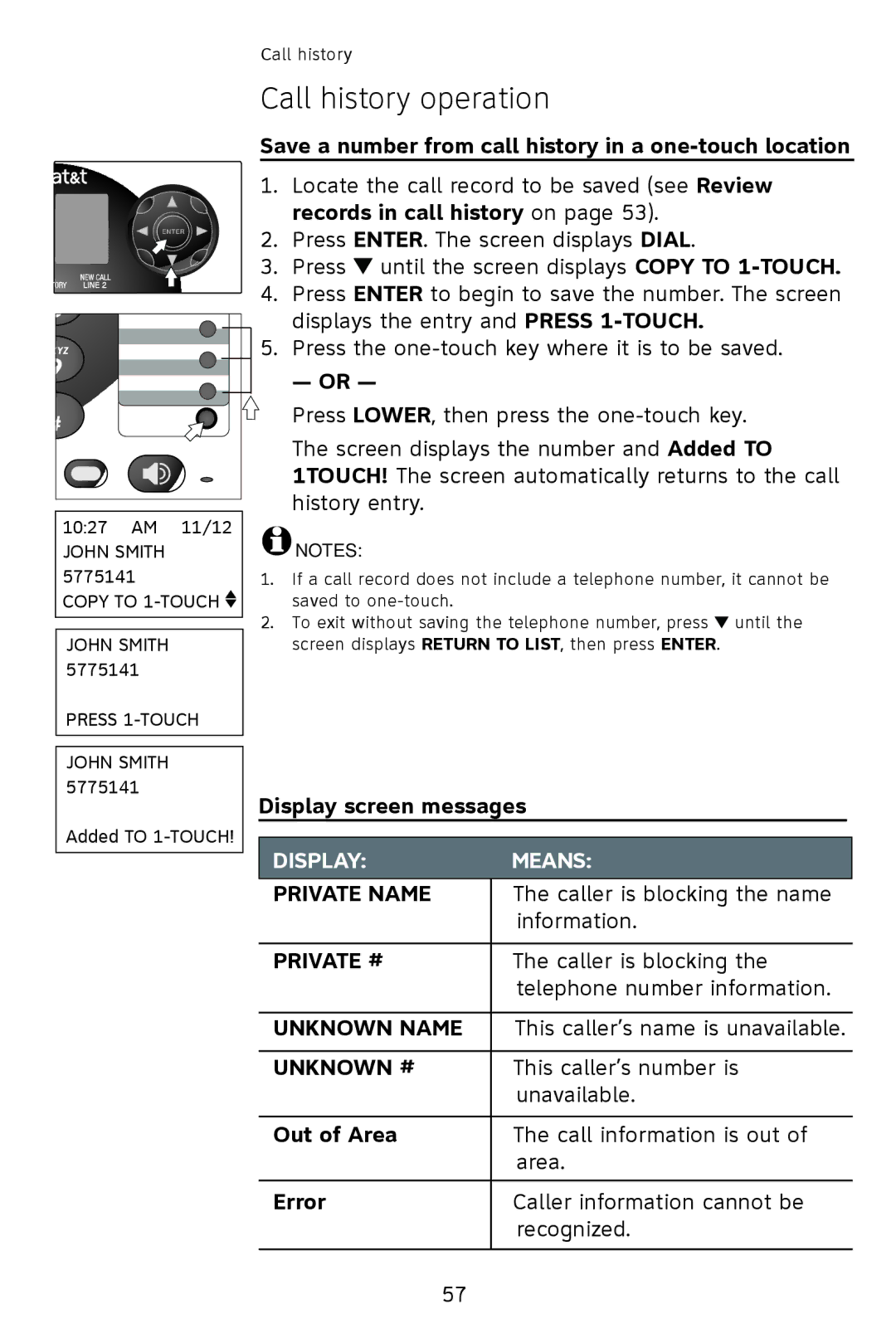 AT&T 993 2-Line user manual Display screen messages, Out of Area, Error 