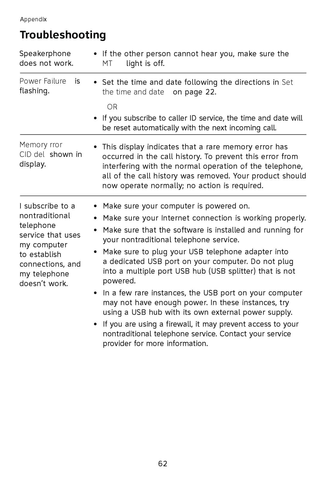 AT&T 993 2-Line user manual Power Failure is, Time and date on, Memory Error, CID del shown 