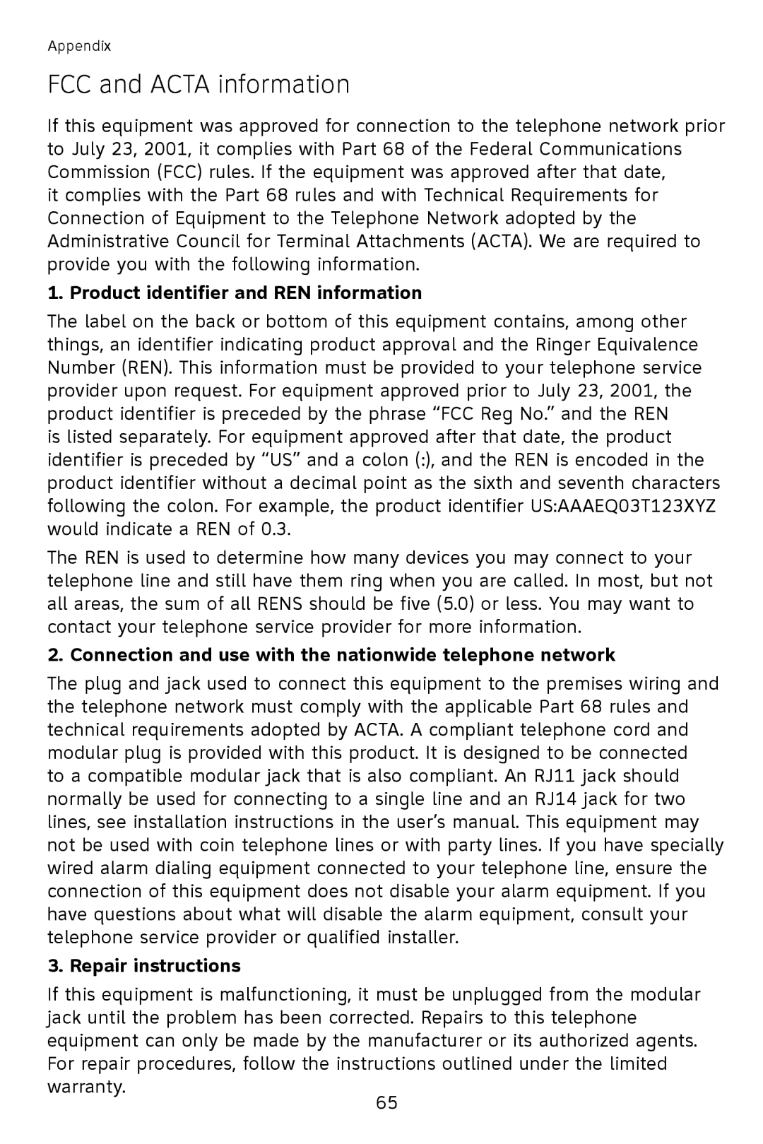 AT&T 993 2-Line user manual FCC and Acta information, Product identifier and REN information, Repair instructions 