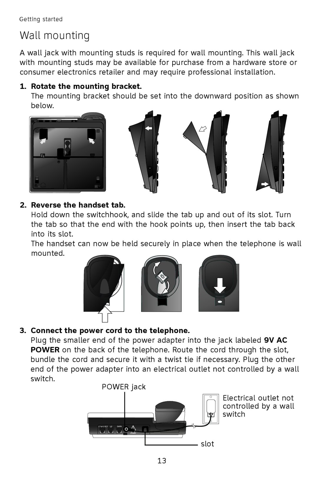 AT&T 993 Wall mounting, Rotate the mounting bracket, Reverse the handset tab, Connect the power cord to the telephone 