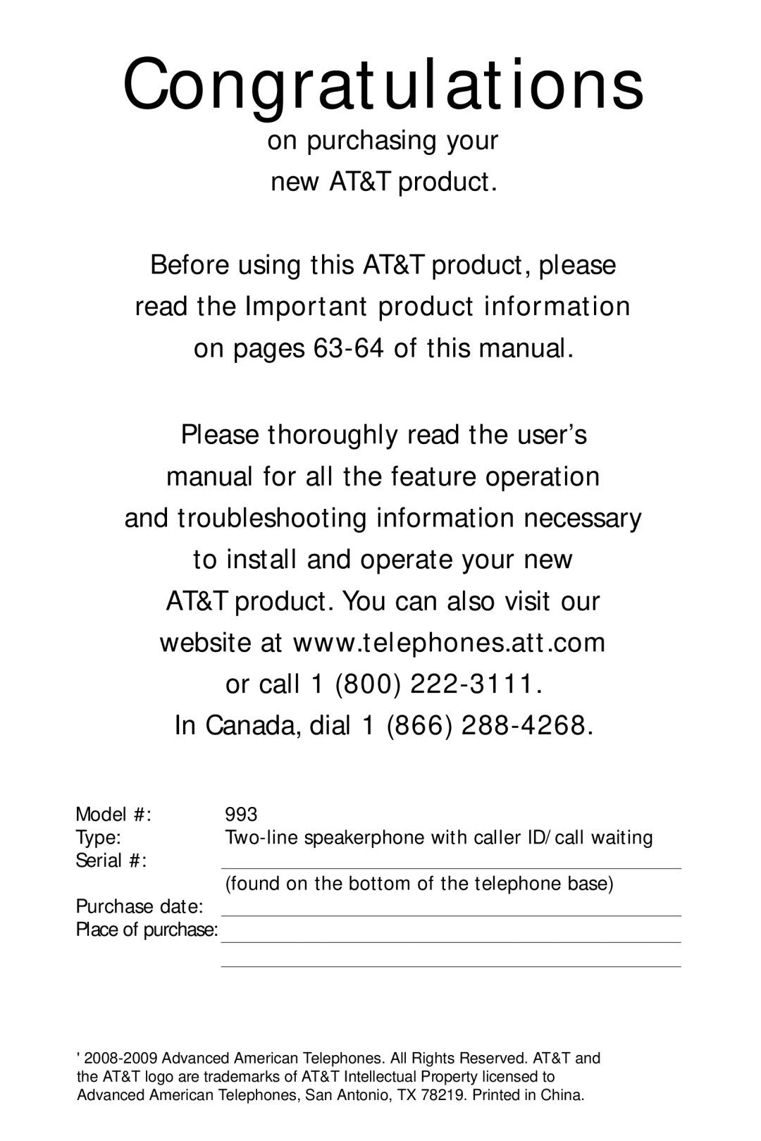 AT&T 993 user manual Congratulations, On purchasing your new AT&T product 