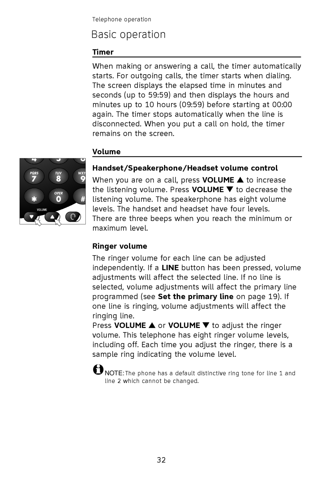 AT&T 993 user manual Timer, Volume Handset/Speakerphone/Headset volume control, Ringer volume 