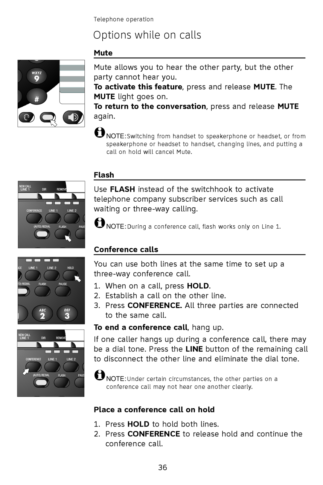 AT&T 993 user manual Mute, Conference calls, To end a conference call, hang up, Place a conference call on hold 