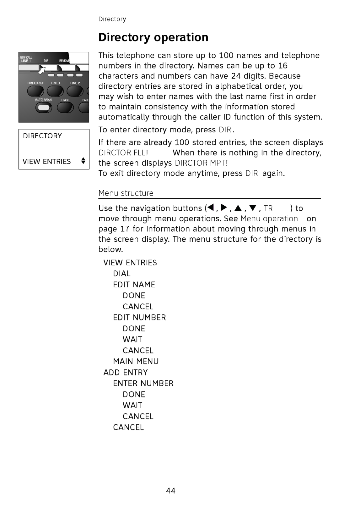 AT&T 993 user manual Directory operation, Menu structure 