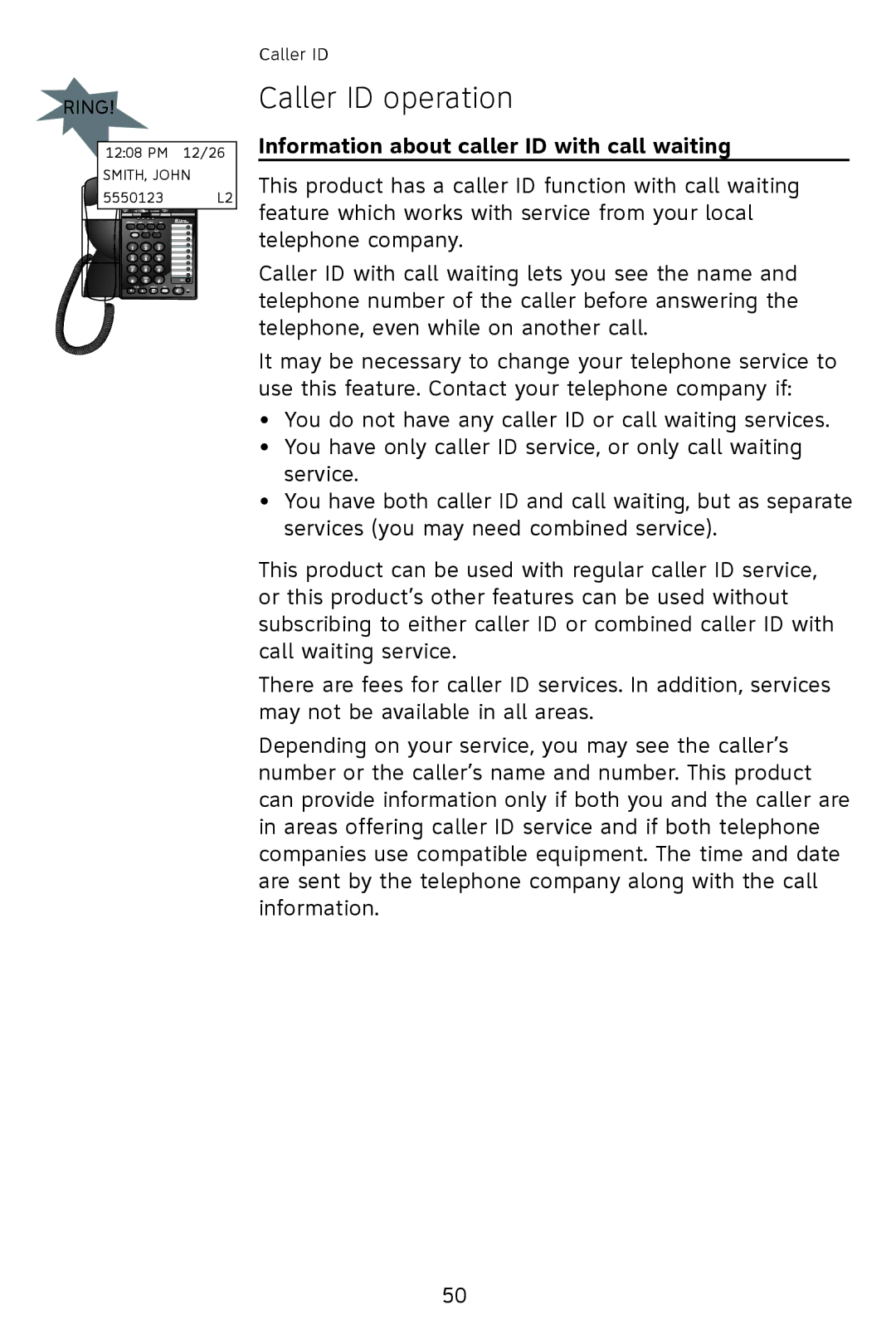 AT&T 993 user manual Caller ID operation, Information about caller ID with call waiting 