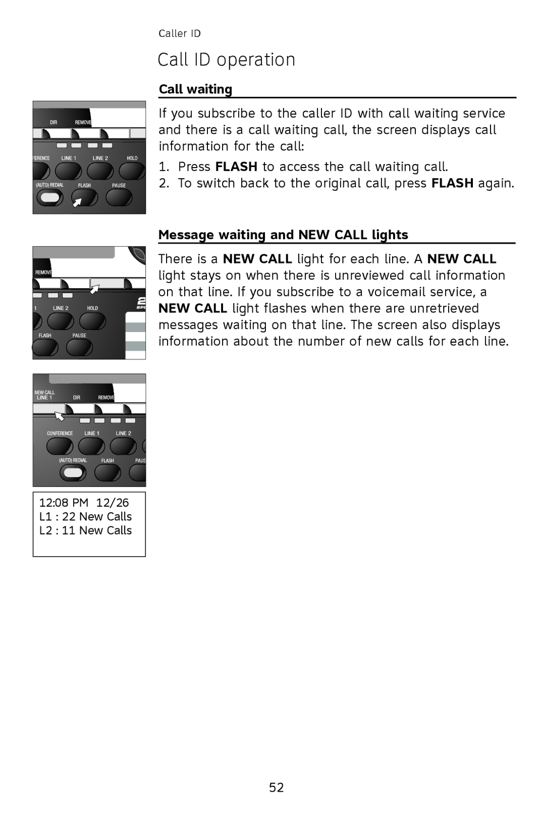 AT&T 993 user manual Call ID operation, Call waiting, Message waiting and NEW Call lights 