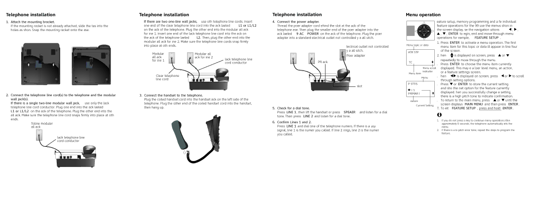 AT&T 993 quick start Telephone installation, Menu operation 