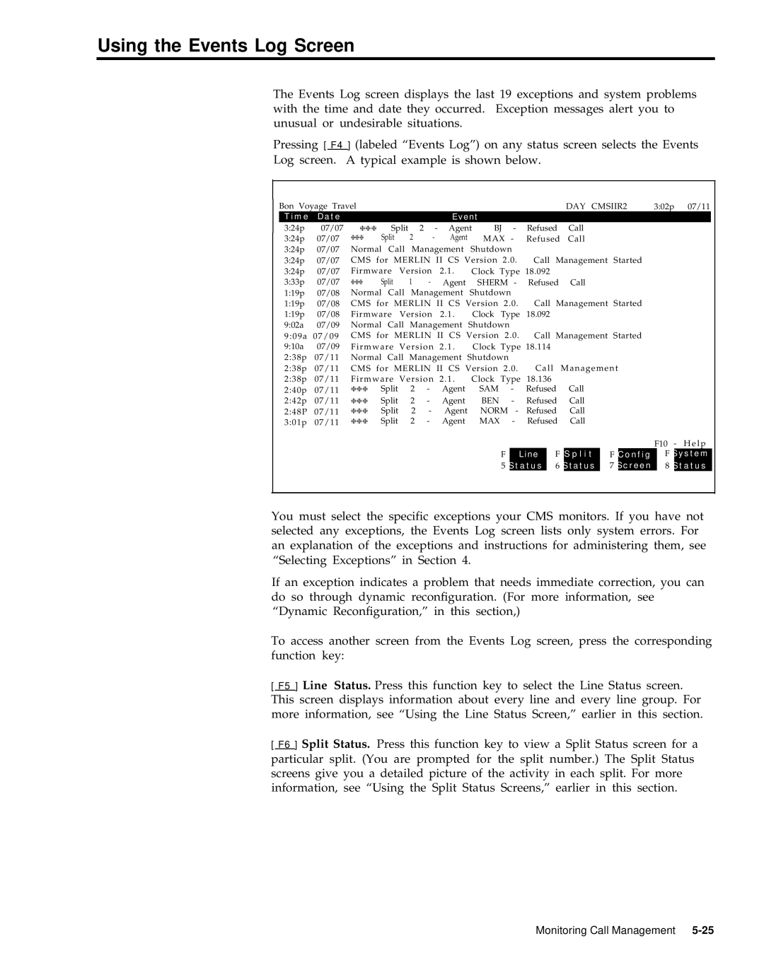 AT&T 999-501-149 system manual Using the Events Log Screen, Time Date Event 