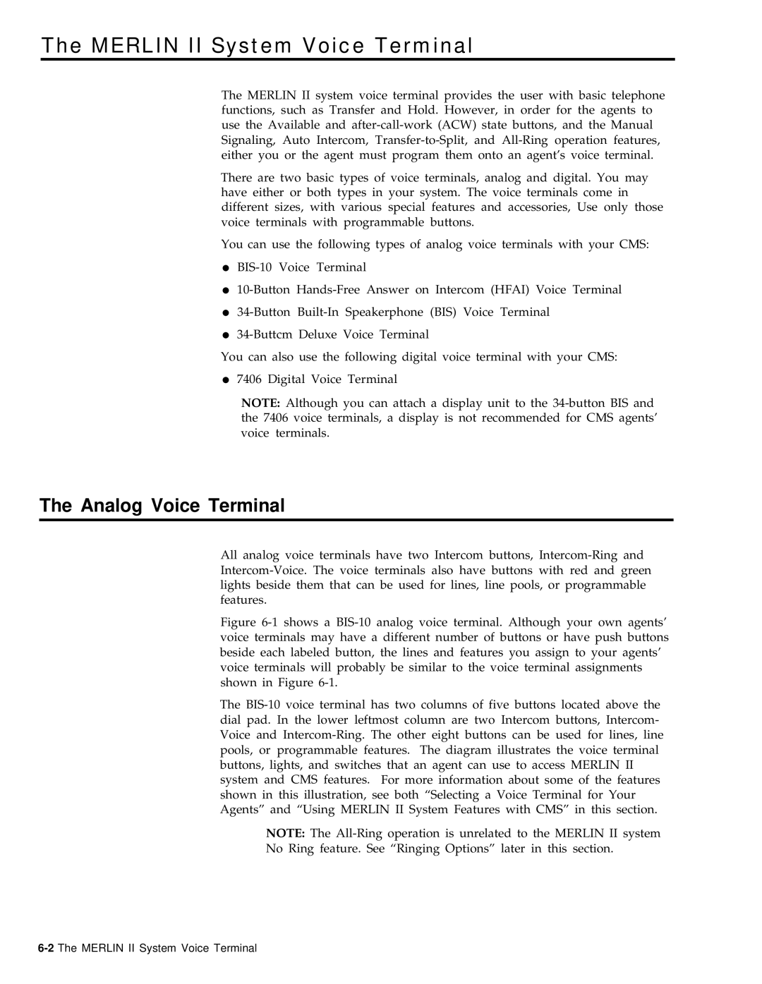 AT&T 999-501-149 system manual Merlin II System Voice Terminal, Analog Voice Terminal 