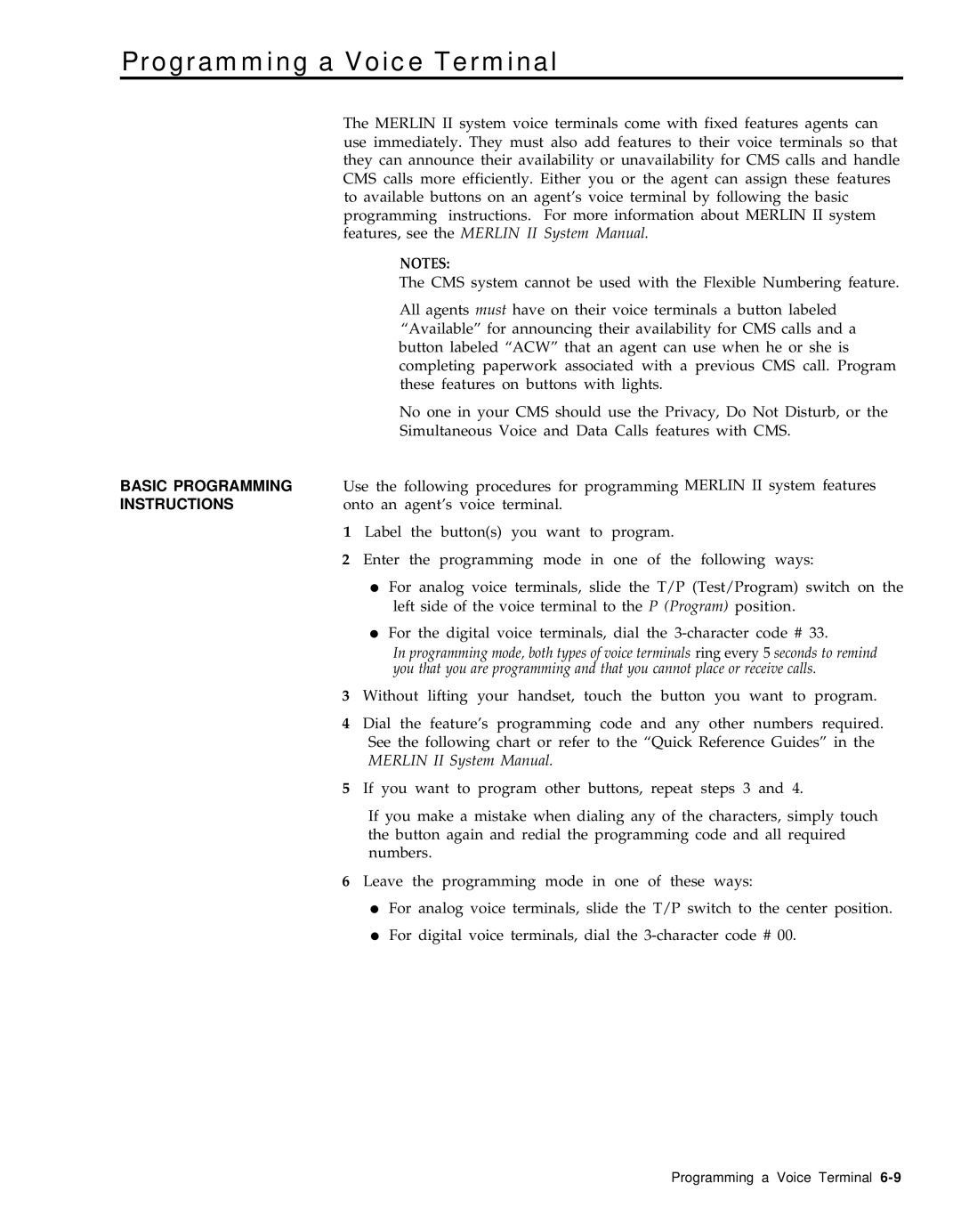 AT&T 999-501-149 system manual Programming a Voice Terminal, Basic Programming, Instructions, Merlin II System Manual 