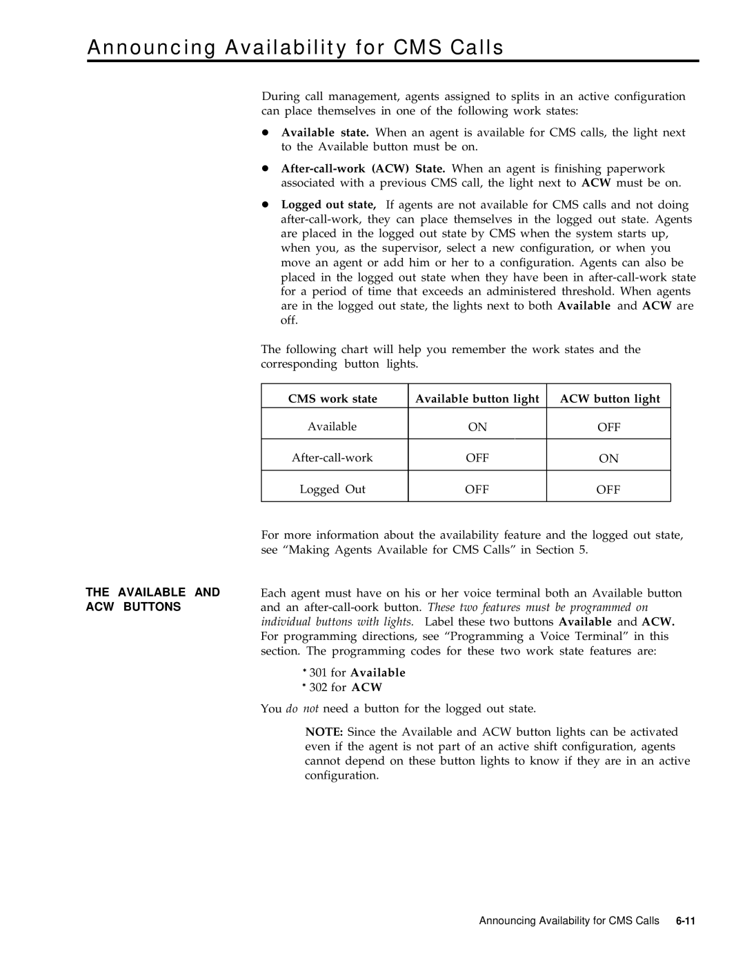 AT&T 999-501-149 system manual Announcing Availability for CMS Calls, Available and ACW Buttons, For Available 