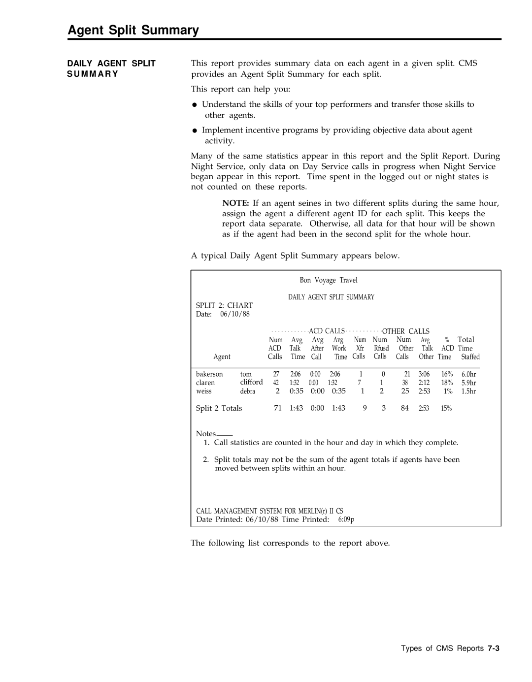 AT&T 999-501-149 system manual Agent Split Summary, Daily Agent Split, M M a R Y 