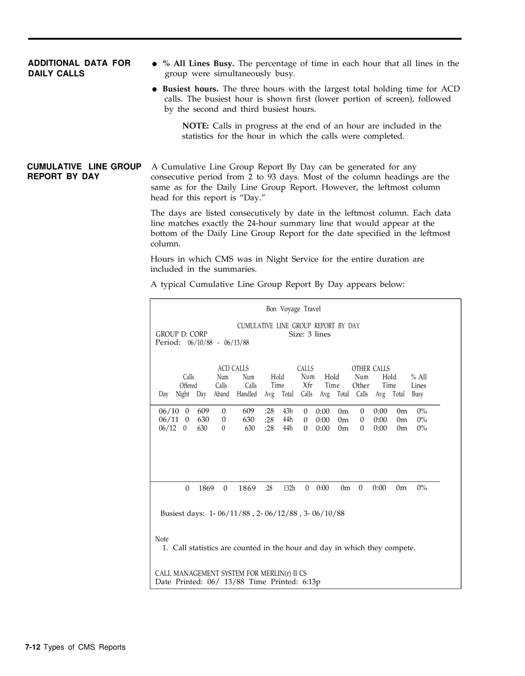 AT&T 999-501-149 system manual Additional Data for, Daily Calls, Cumulative Line Group, Report by DAY 