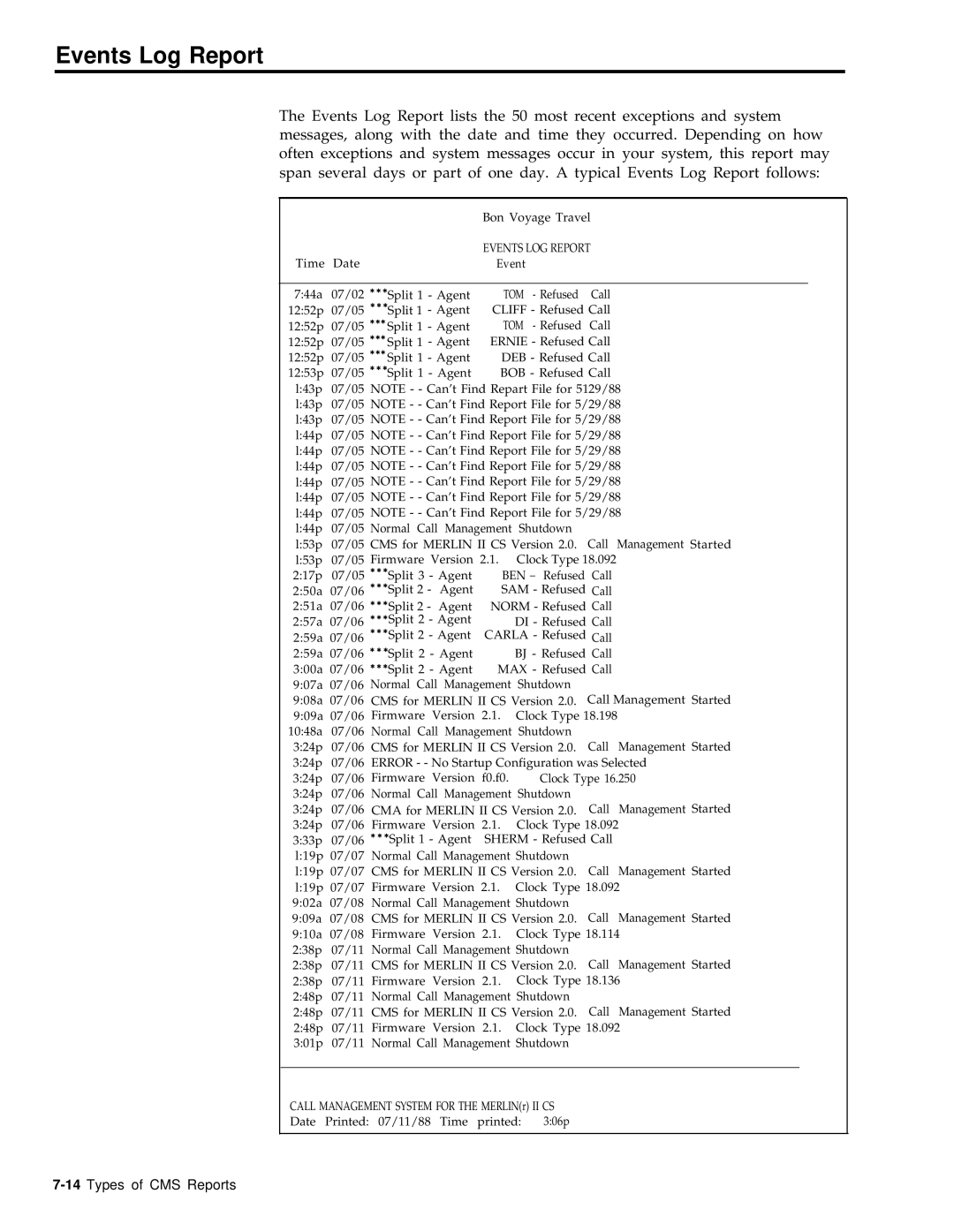 AT&T 999-501-149 system manual Events Log Report 