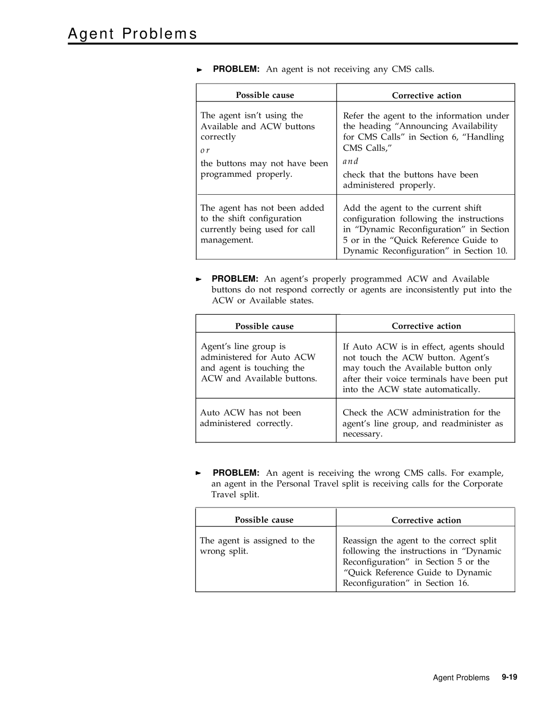 AT&T 999-501-149 system manual Agent Problems, Possible cause 