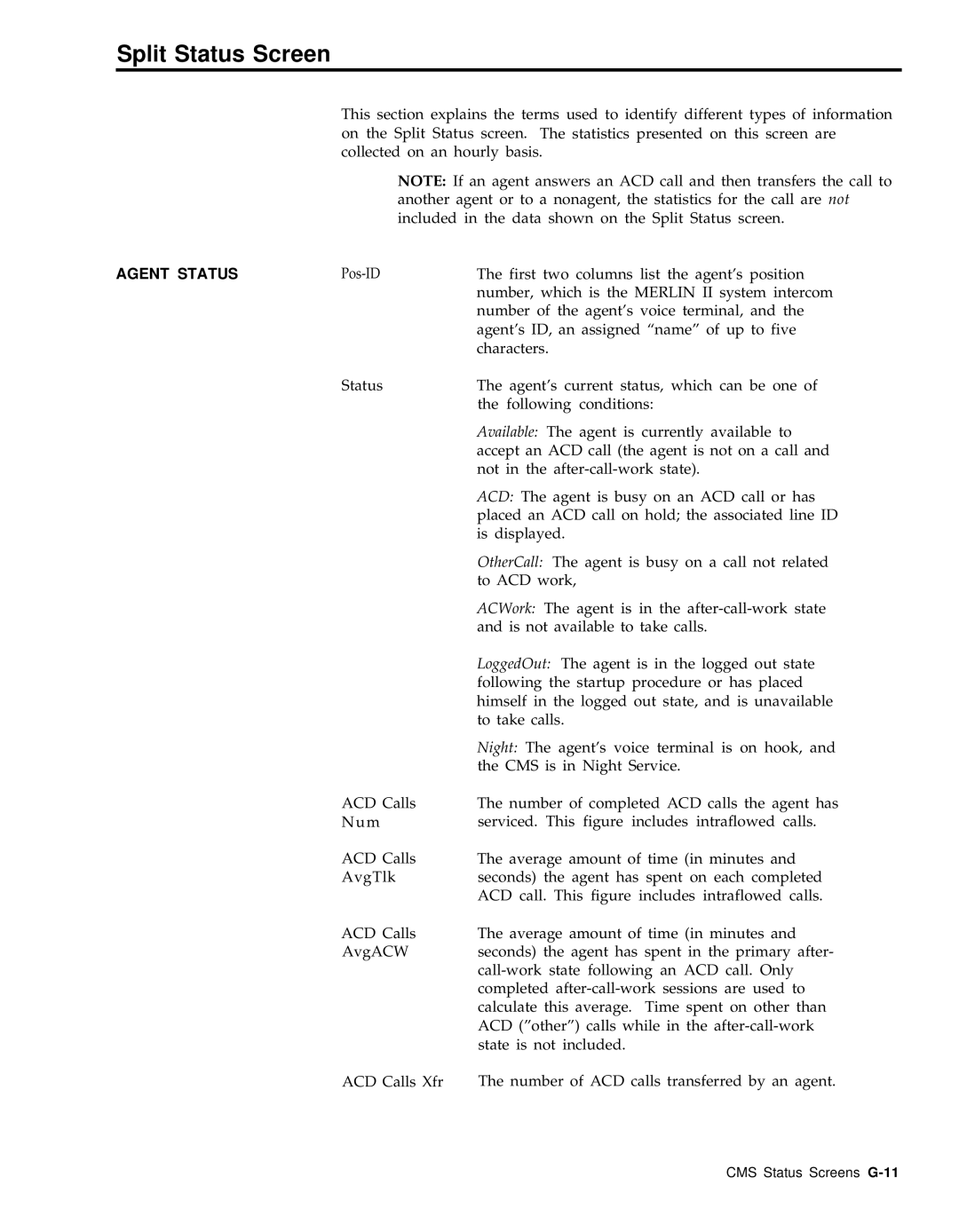 AT&T 999-501-149 system manual Split Status Screen, Agent Status 