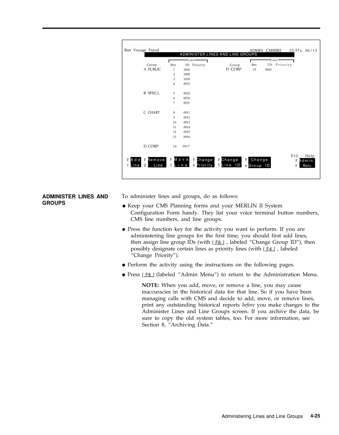 AT&T 999-501-149 system manual Administer Lines and Groups, Administer Lines and Line Groups 