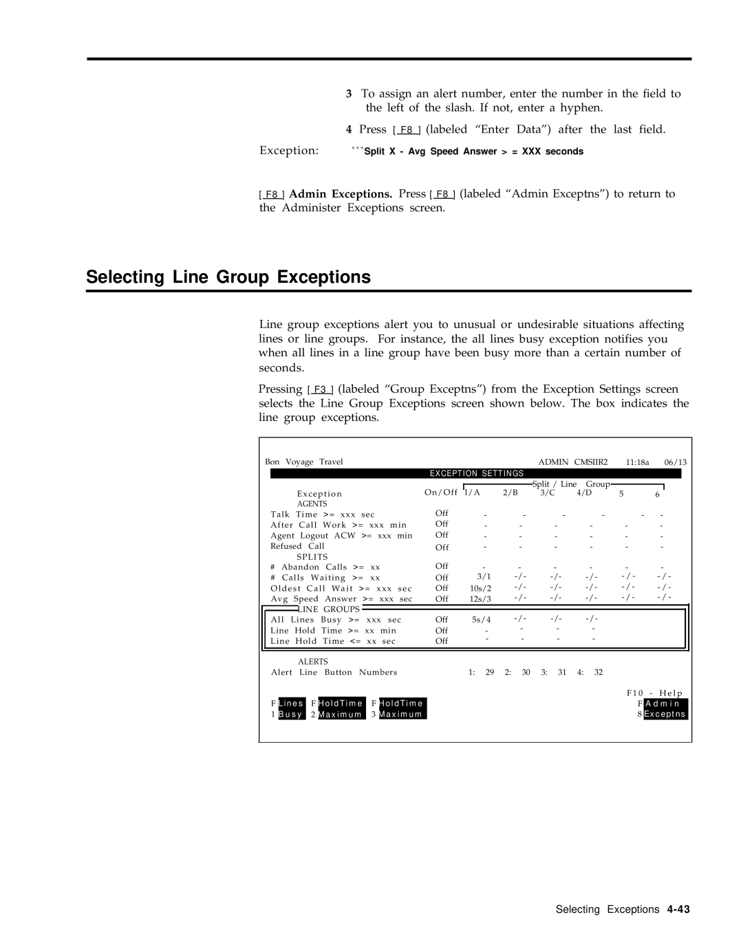 AT&T 999-501-149 system manual Selecting Line Group Exceptions, Exception Settings 