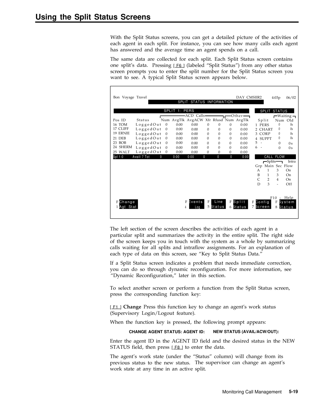 AT&T 999-501-149 system manual Using the Split Status Screens, Split Status Information Split 1 Pers 