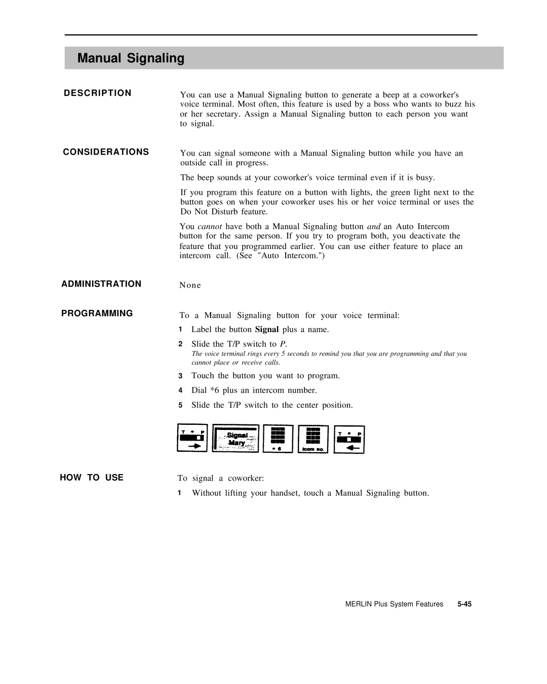 AT&T 999-507-144 system manual Manual Signaling, S C R I P T I on Considerations Administration Programming 