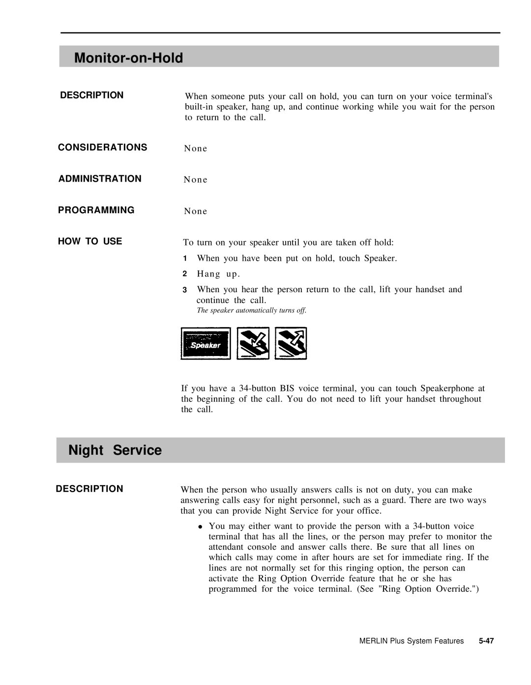 AT&T 999-507-144 system manual Monitor-on-Hold, Night Service 