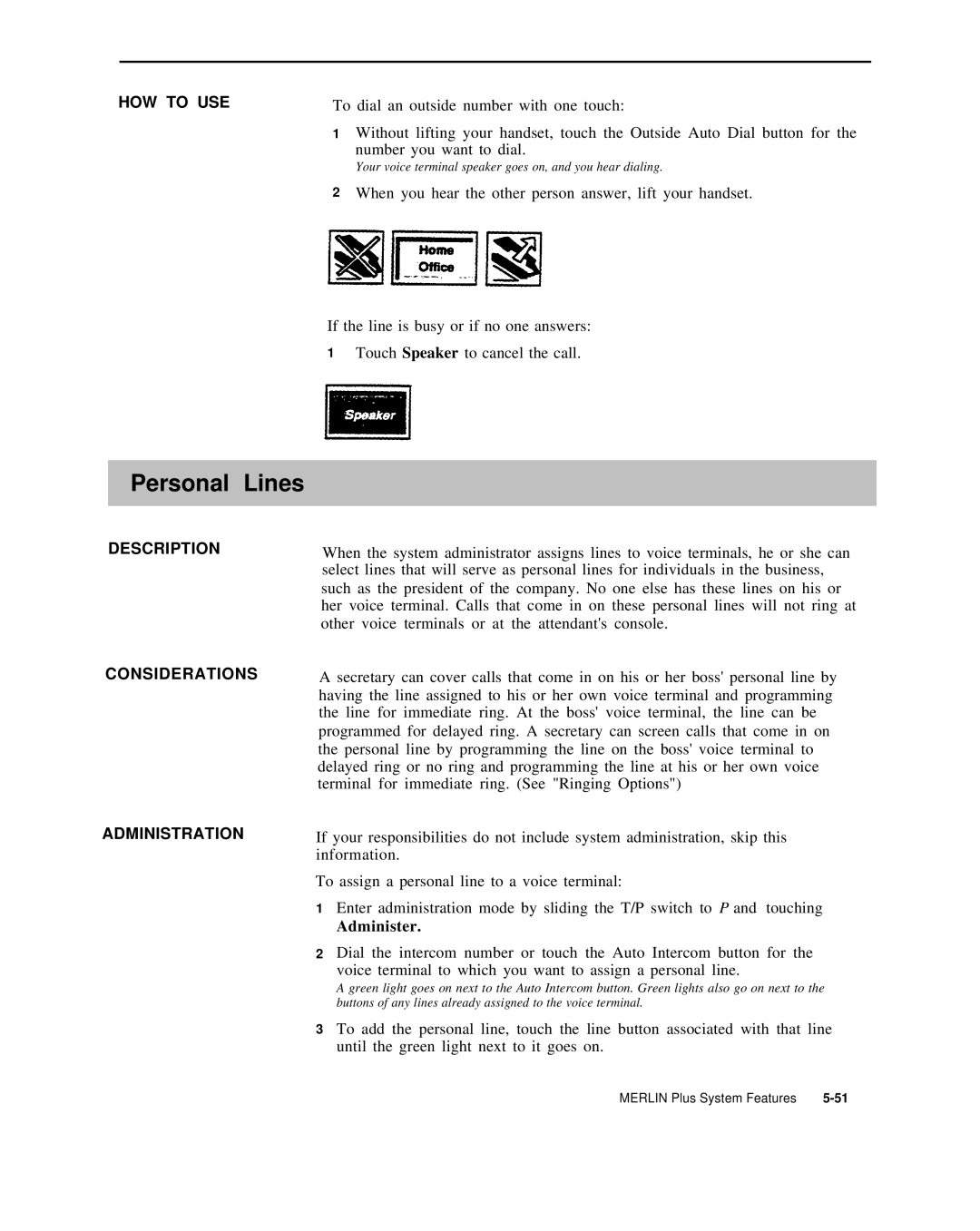 AT&T 999-507-144 system manual Personal Lines, Description 