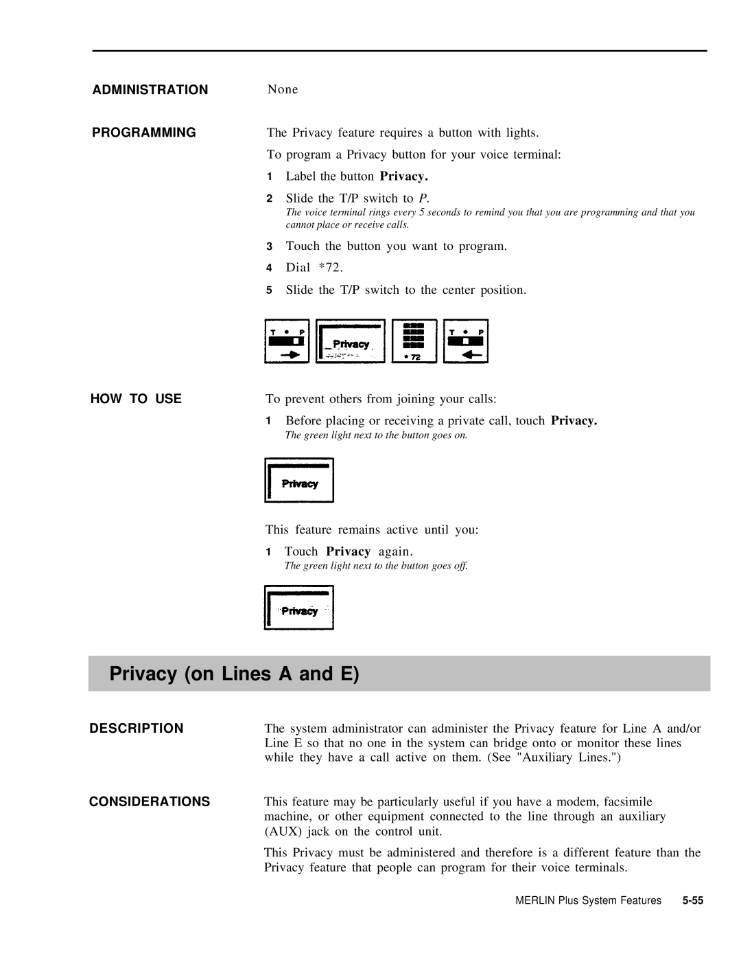 AT&T 999-507-144 system manual Privacy on Lines a and E 