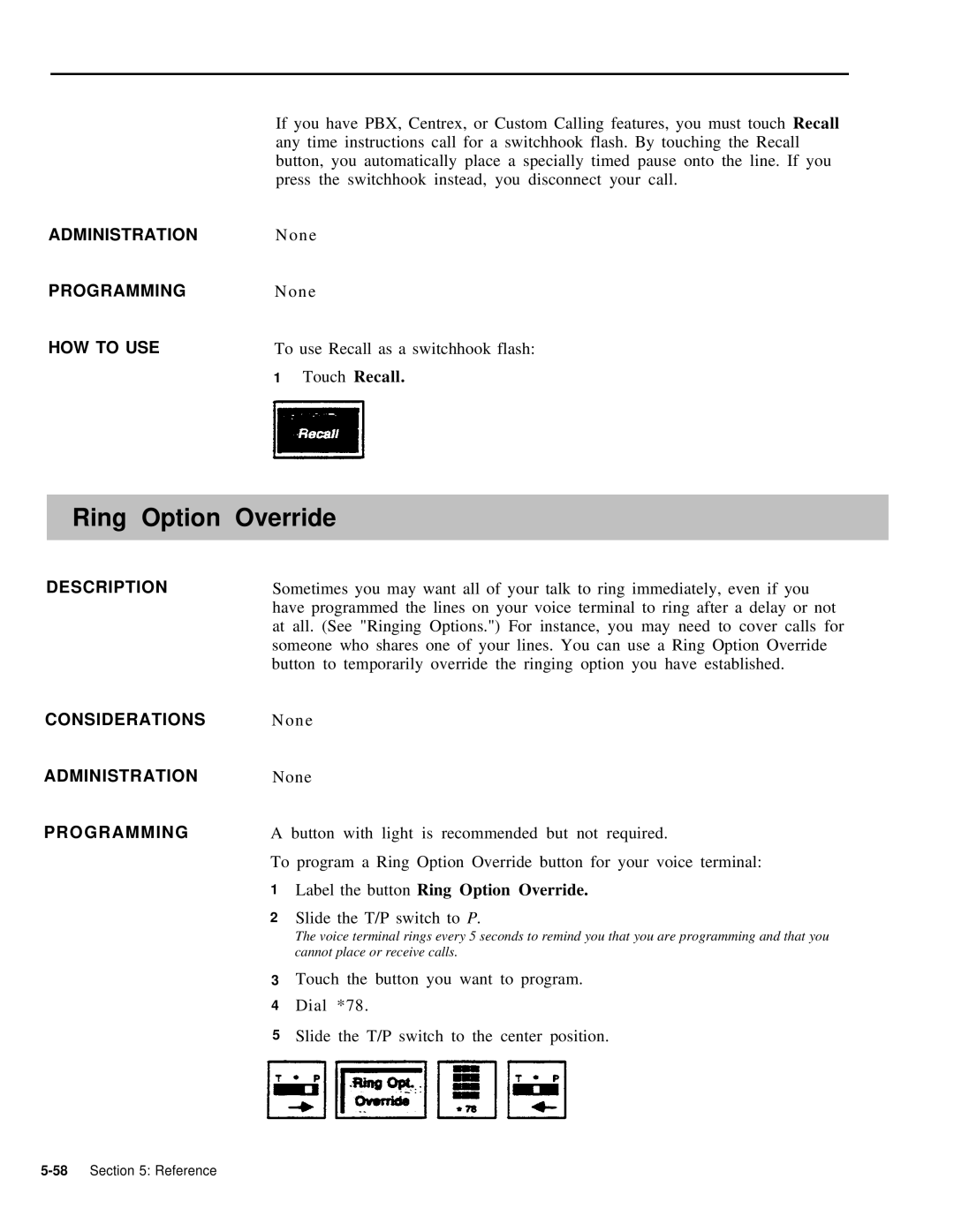 AT&T 999-507-144 system manual Touch Recall, Label the button Ring Option Override 