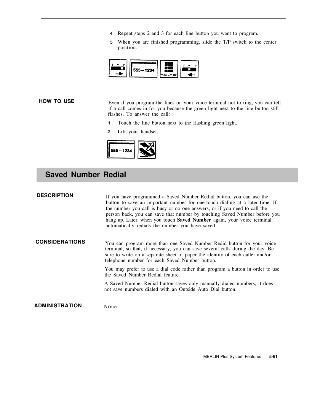 AT&T 999-507-144 system manual Saved Number Redial, Administration None 