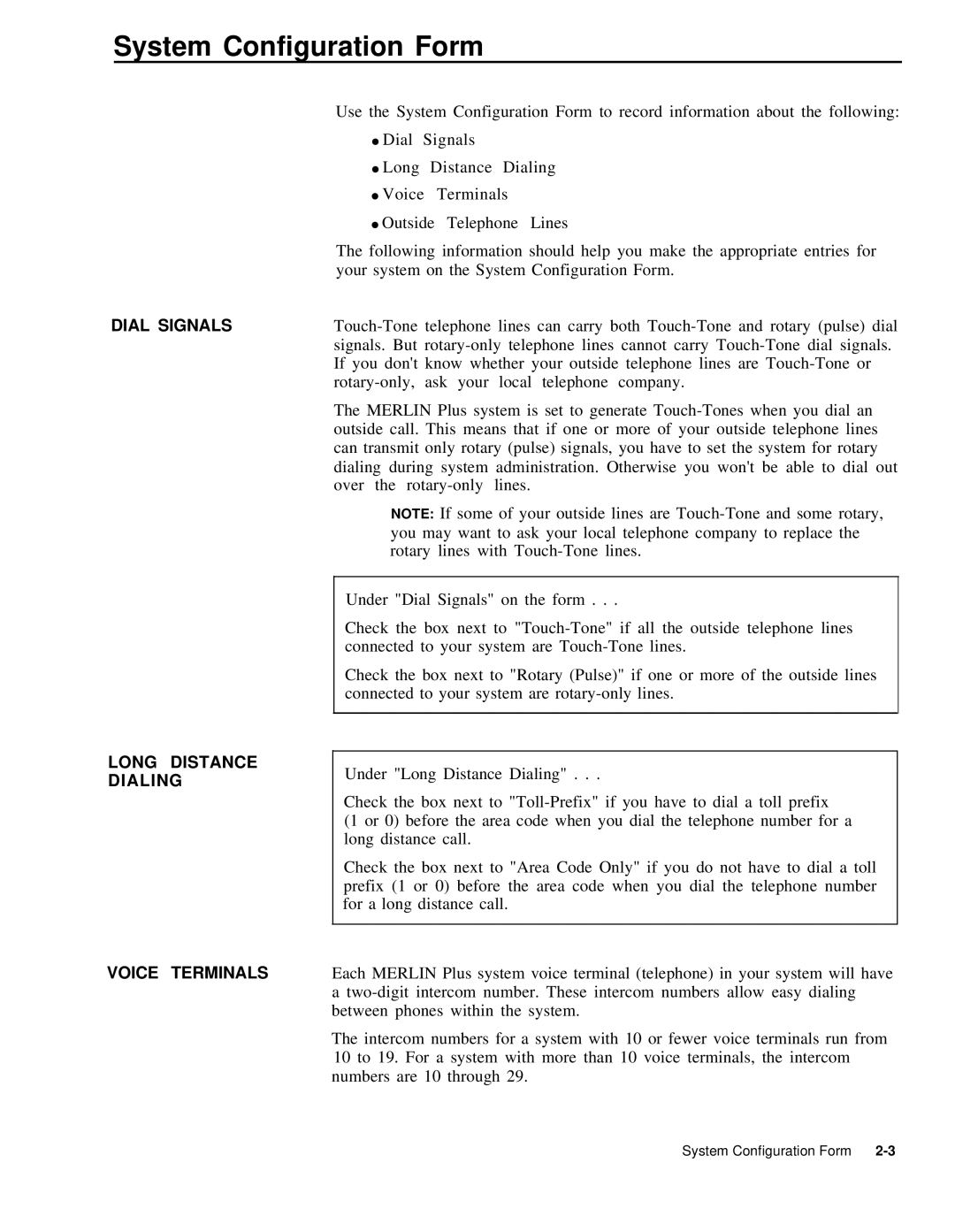 AT&T 999-507-144 system manual System Configuration Form, Dial Signals Long Distance Dialing Voice Terminals 