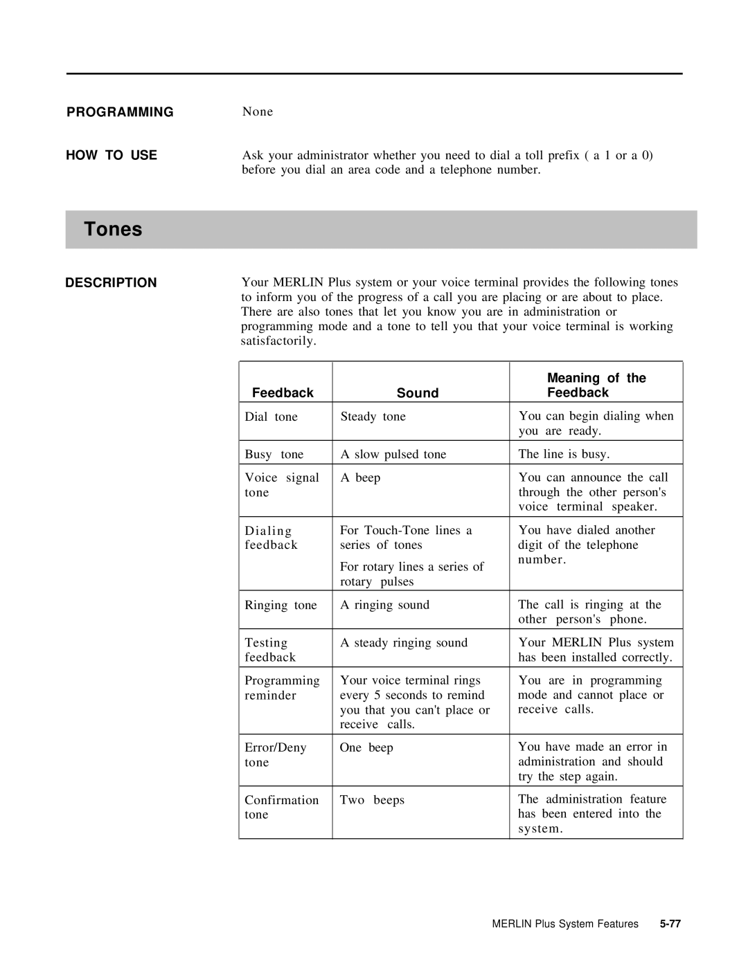 AT&T 999-507-144 system manual Tones, Meaning, Feedback Sound 