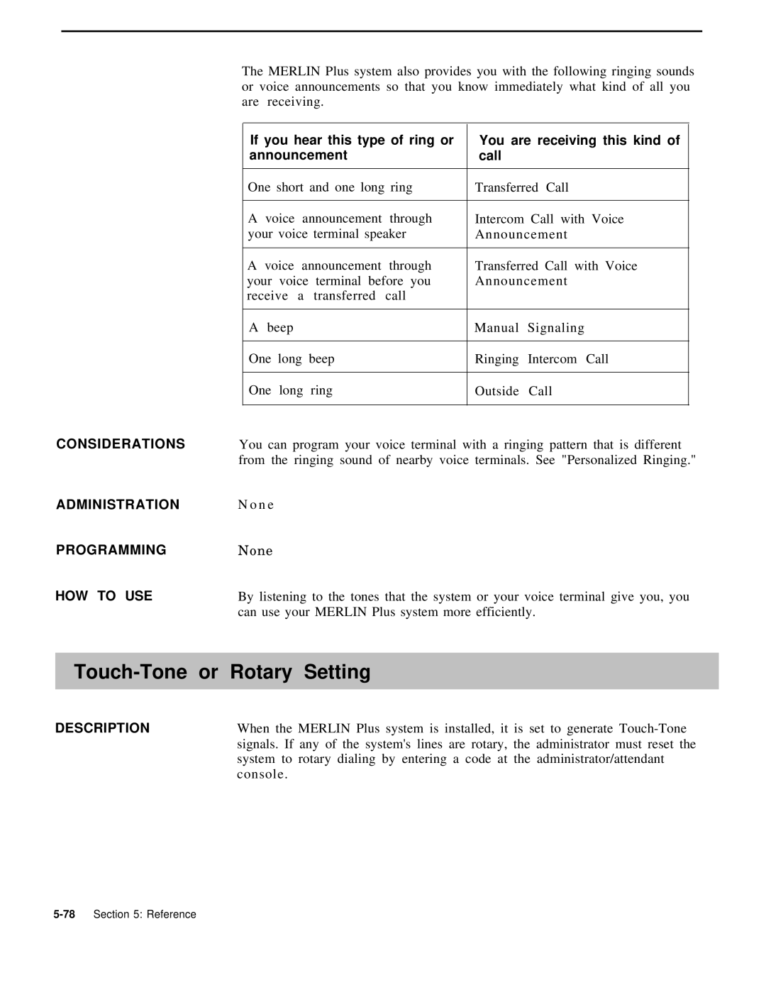 AT&T 999-507-144 system manual Touch-Tone or Rotary Setting 