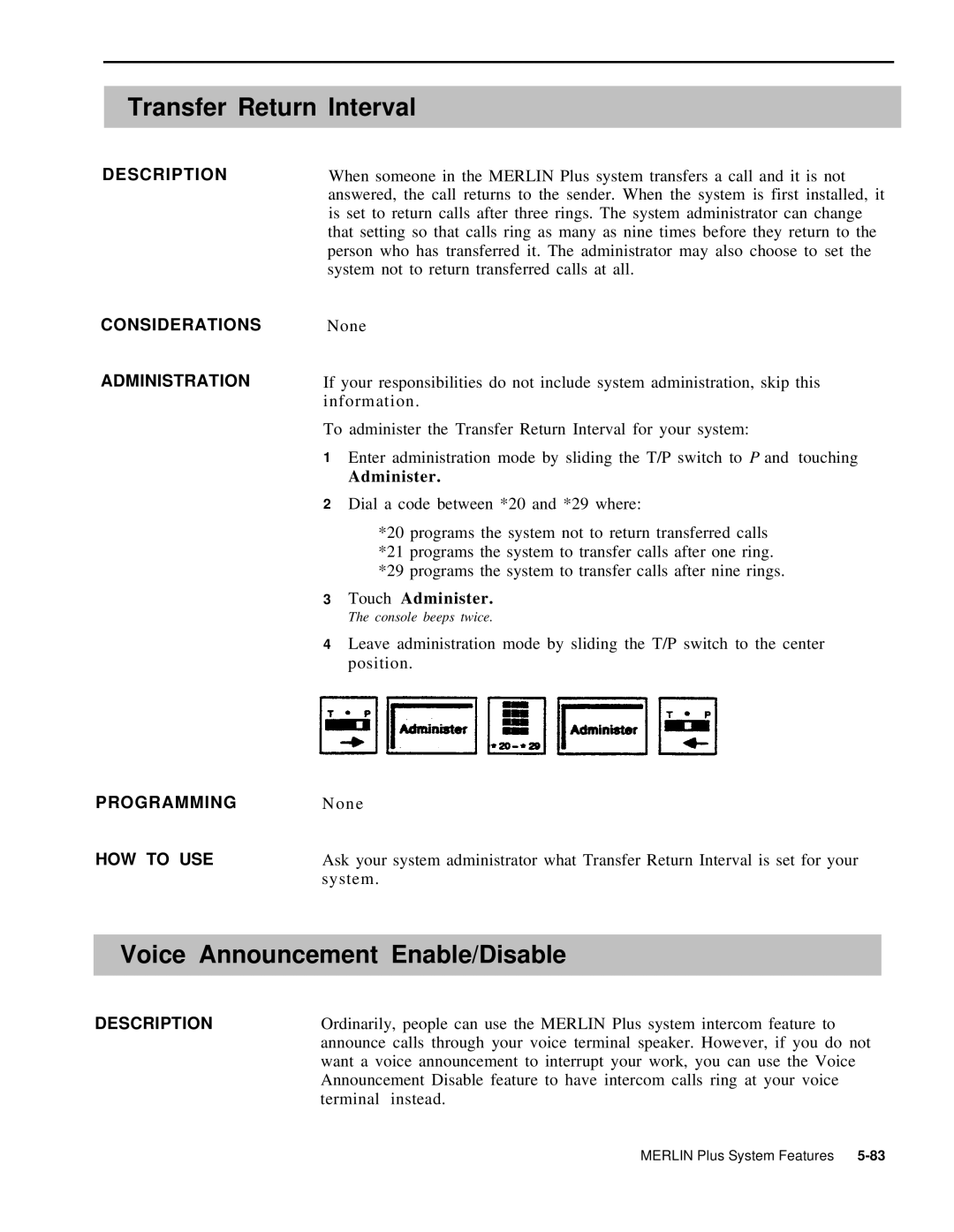 AT&T 999-507-144 system manual Transfer Return Interval, Voice Announcement Enable/Disable 