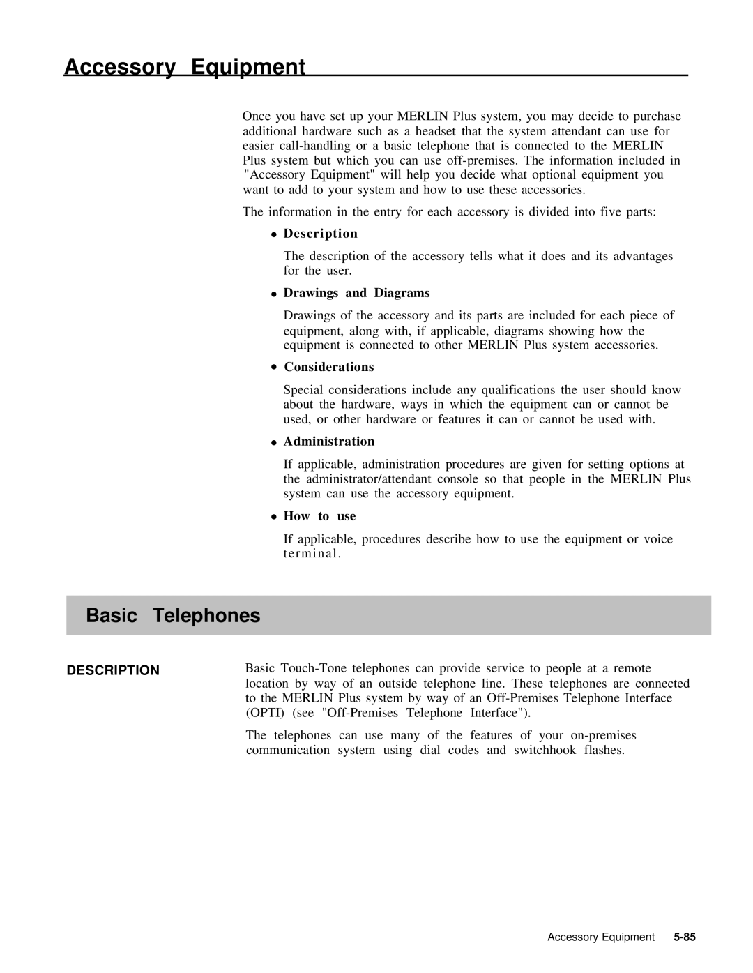 AT&T 999-507-144 system manual Accessory Equipment, Basic Telephones, Drawings and Diagrams 