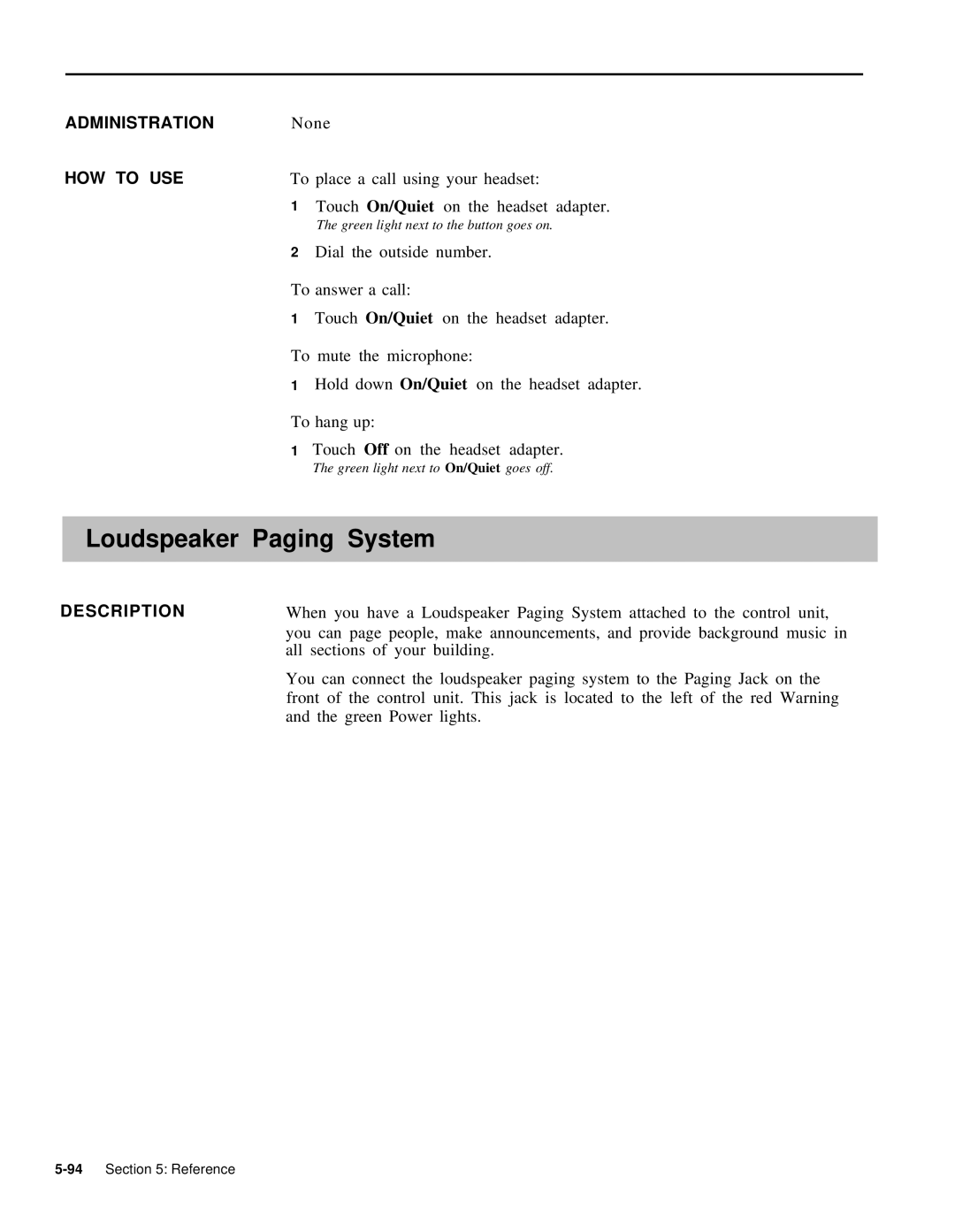 AT&T 999-507-144 system manual Loudspeaker Paging System 