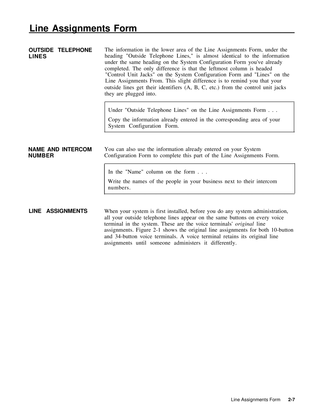 AT&T 999-507-144 system manual Line Assignments Form, Outside Telephone Lines Name and Intercom Number 