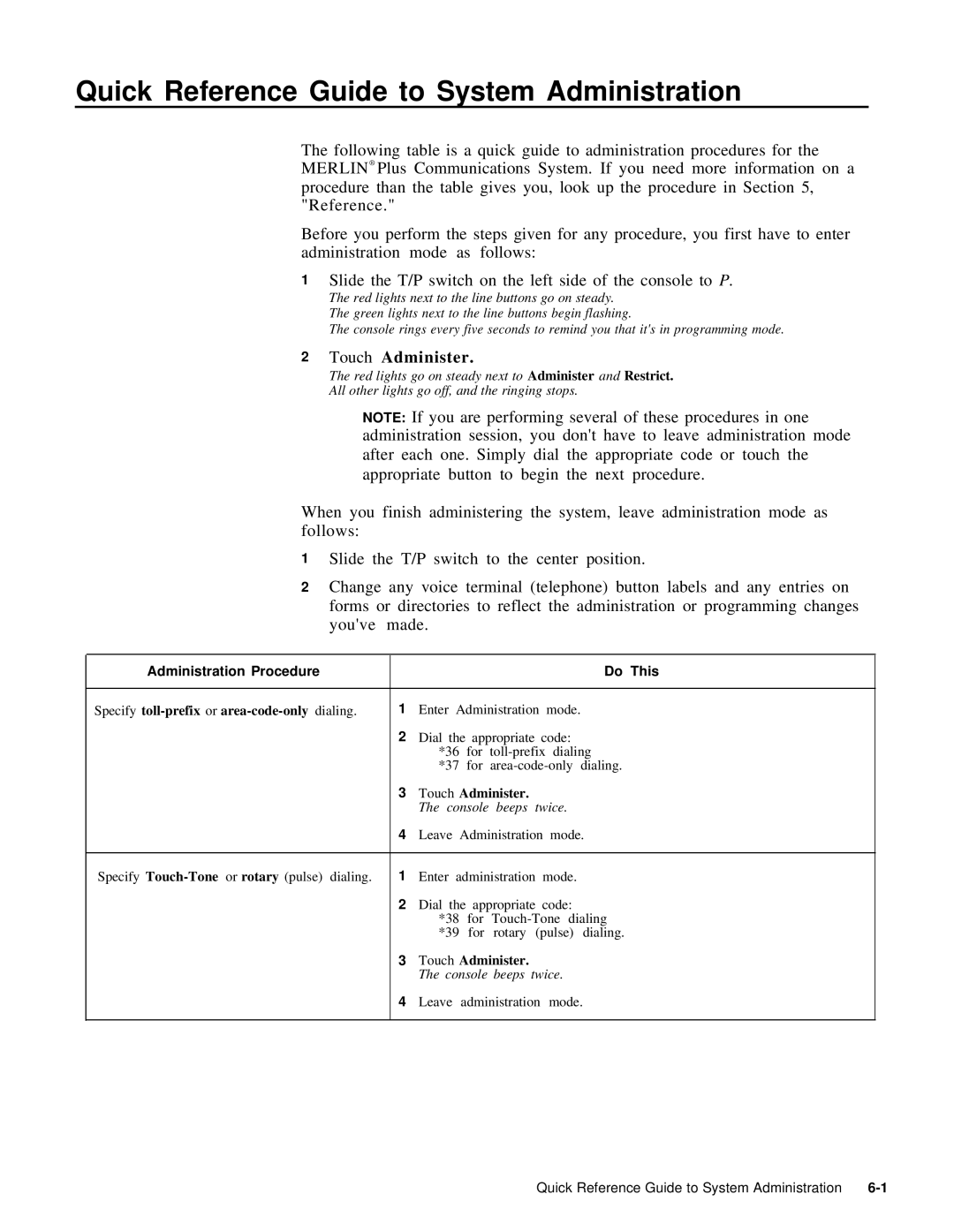 AT&T 999-507-144 system manual Quick Reference Guide to System Administration, Administration Procedure Do This 