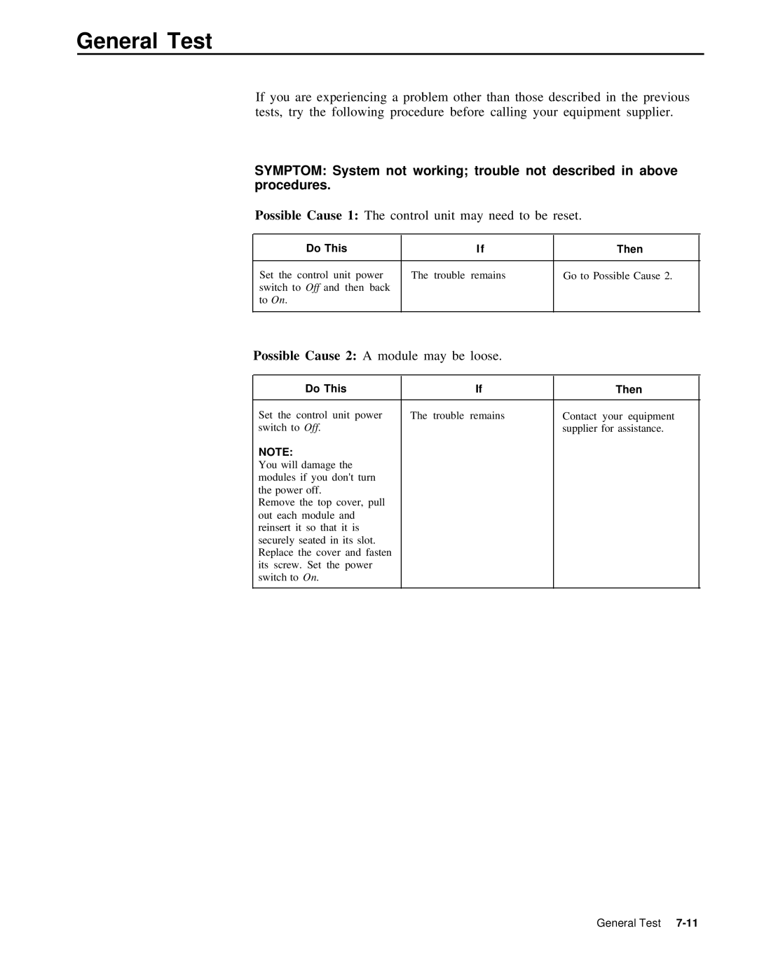 AT&T 999-507-144 system manual General Test, Possible Cause 1 The control unit may need to be reset 