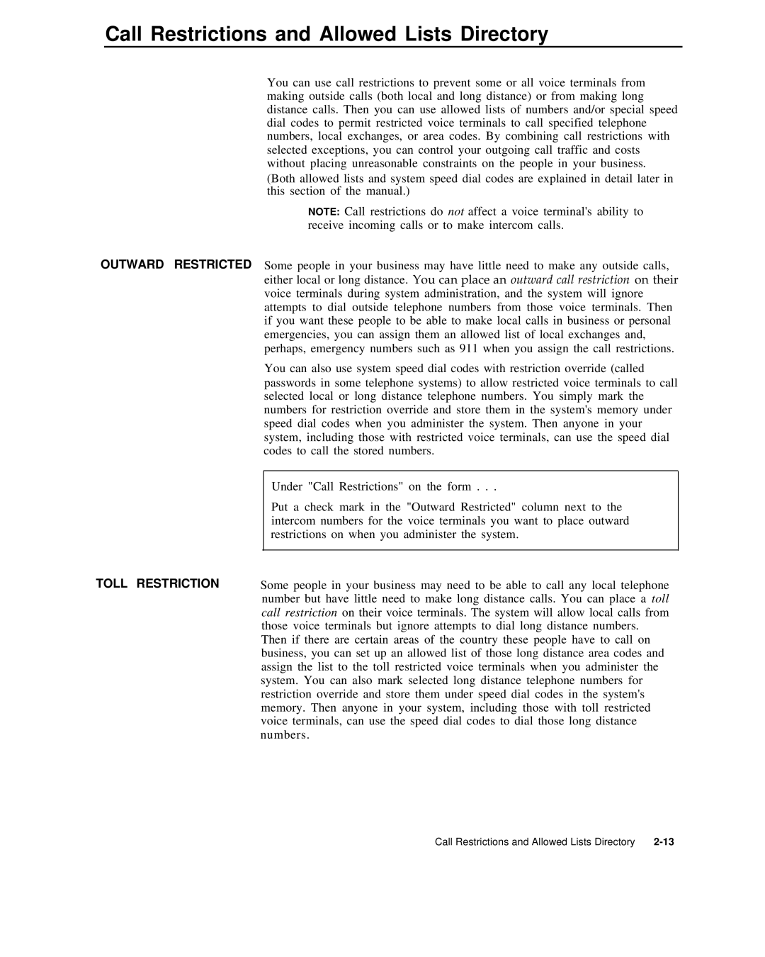 AT&T 999-507-144 system manual Call Restrictions and Allowed Lists Directory, Outward Restricted Toll Restriction 