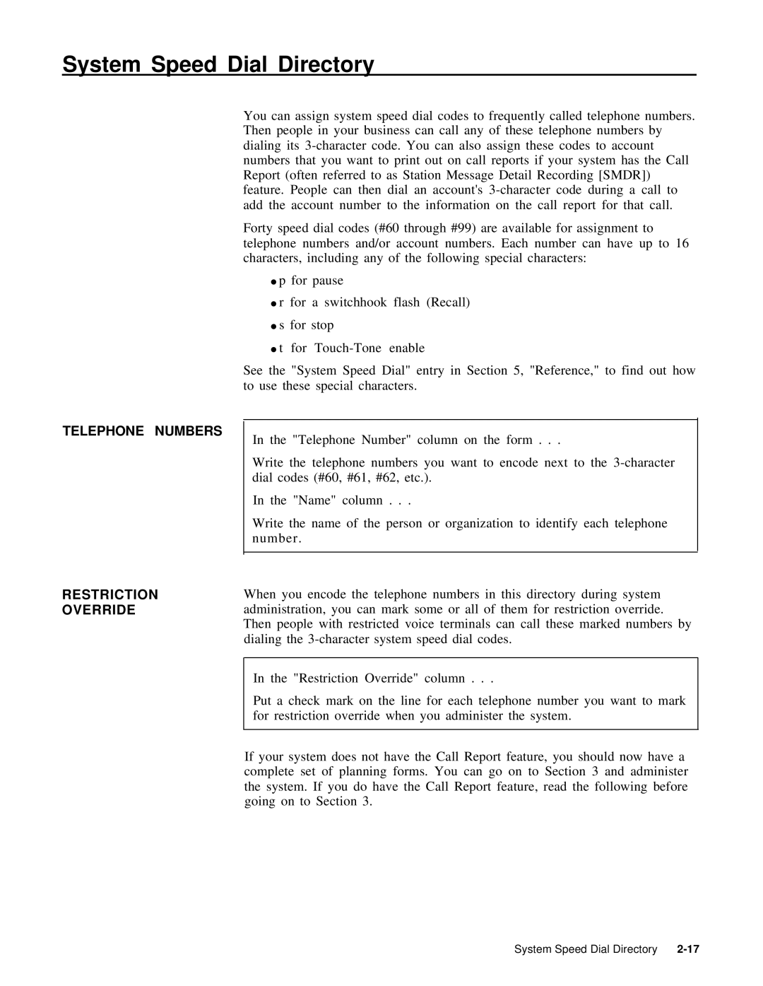 AT&T 999-507-144 system manual System Speed Dial Directory, Telephone Numbers Restriction Override 