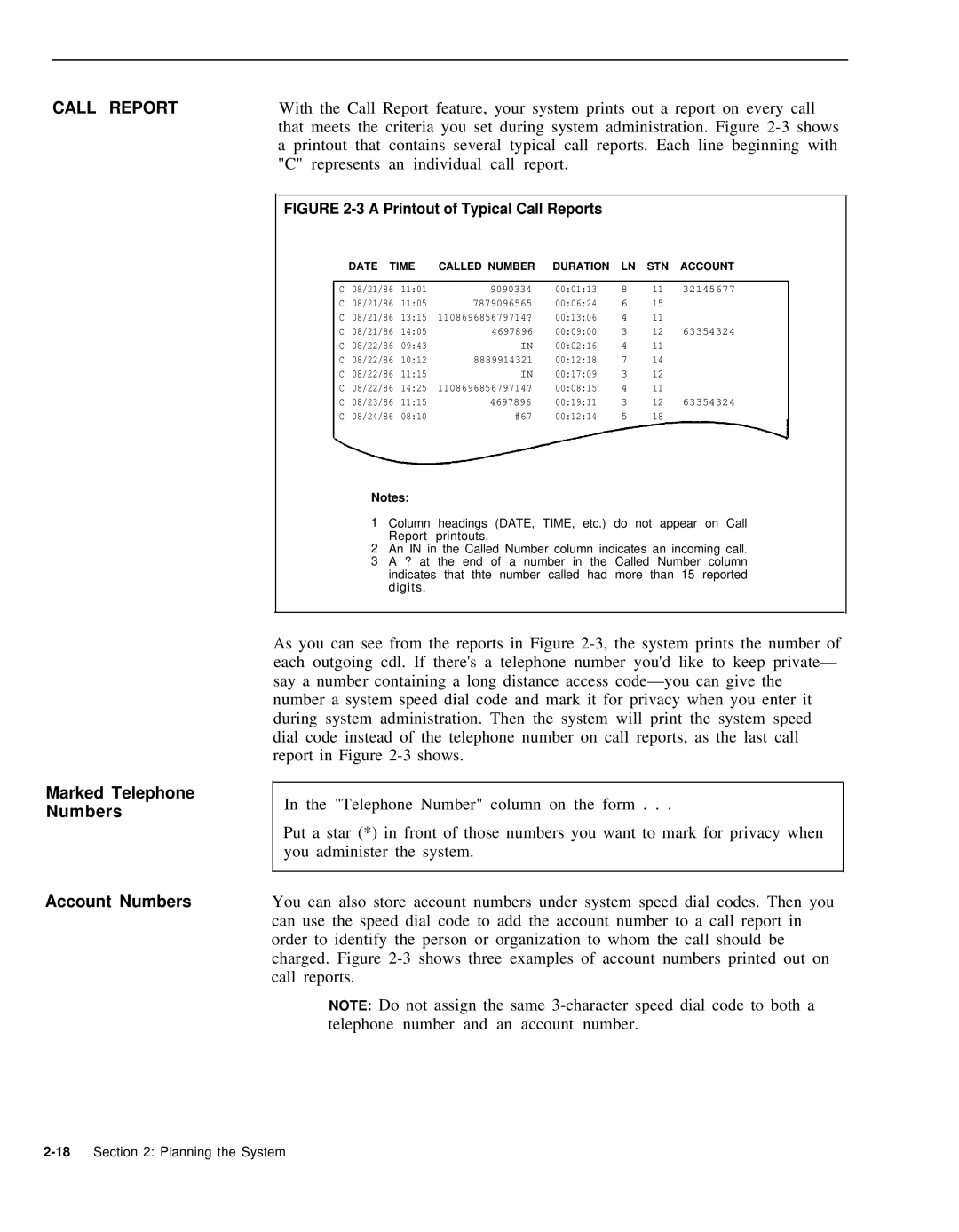 AT&T 999-507-144 system manual Call Report, Marked Telephone Numbers Account Numbers 