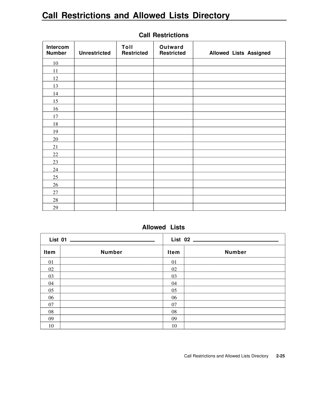 AT&T 999-507-144 system manual Allowed Lists, List Number 