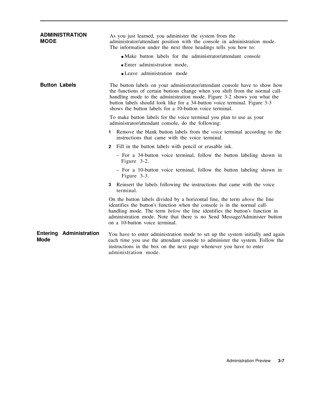 AT&T 999-507-144 system manual Button Labels Entering Administration Mode 