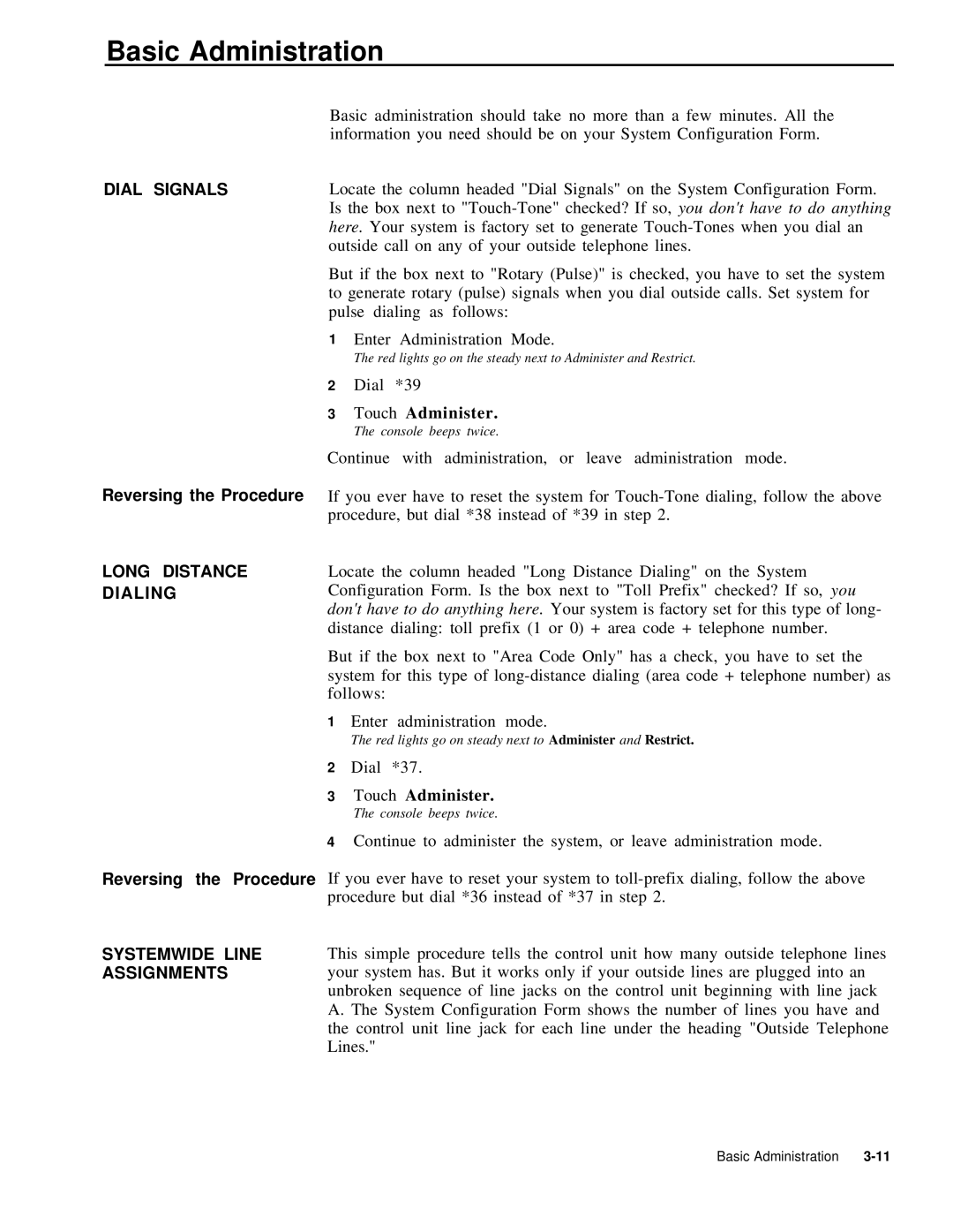 AT&T 999-507-144 system manual Basic Administration, Dial Signals, Reversing the Procedure, Systemwide Line Assignments 