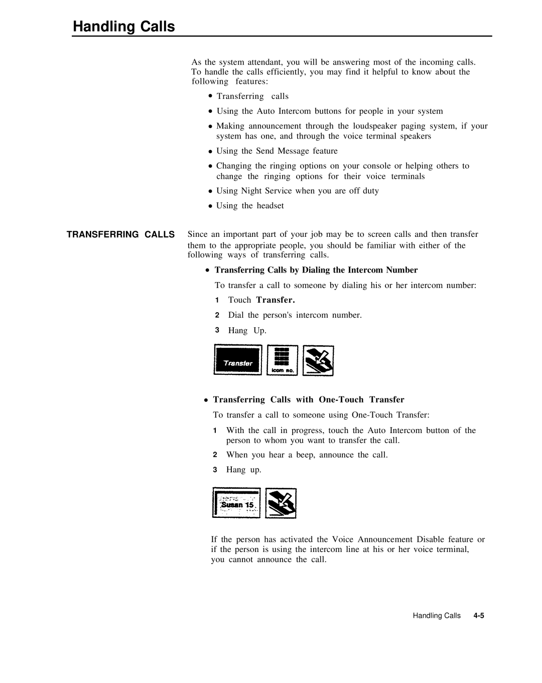 AT&T 999-507-144 system manual Handling Calls, Transferring Calls by Dialing the Intercom Number, Touch Transfer 