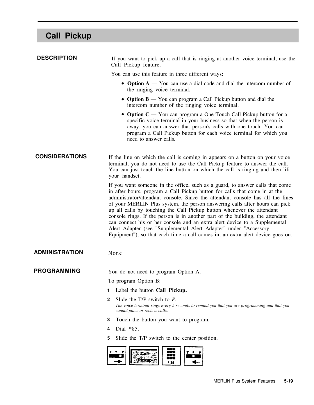 AT&T 999-507-144 system manual Call Pickup, Description Considerations Administration Programming 