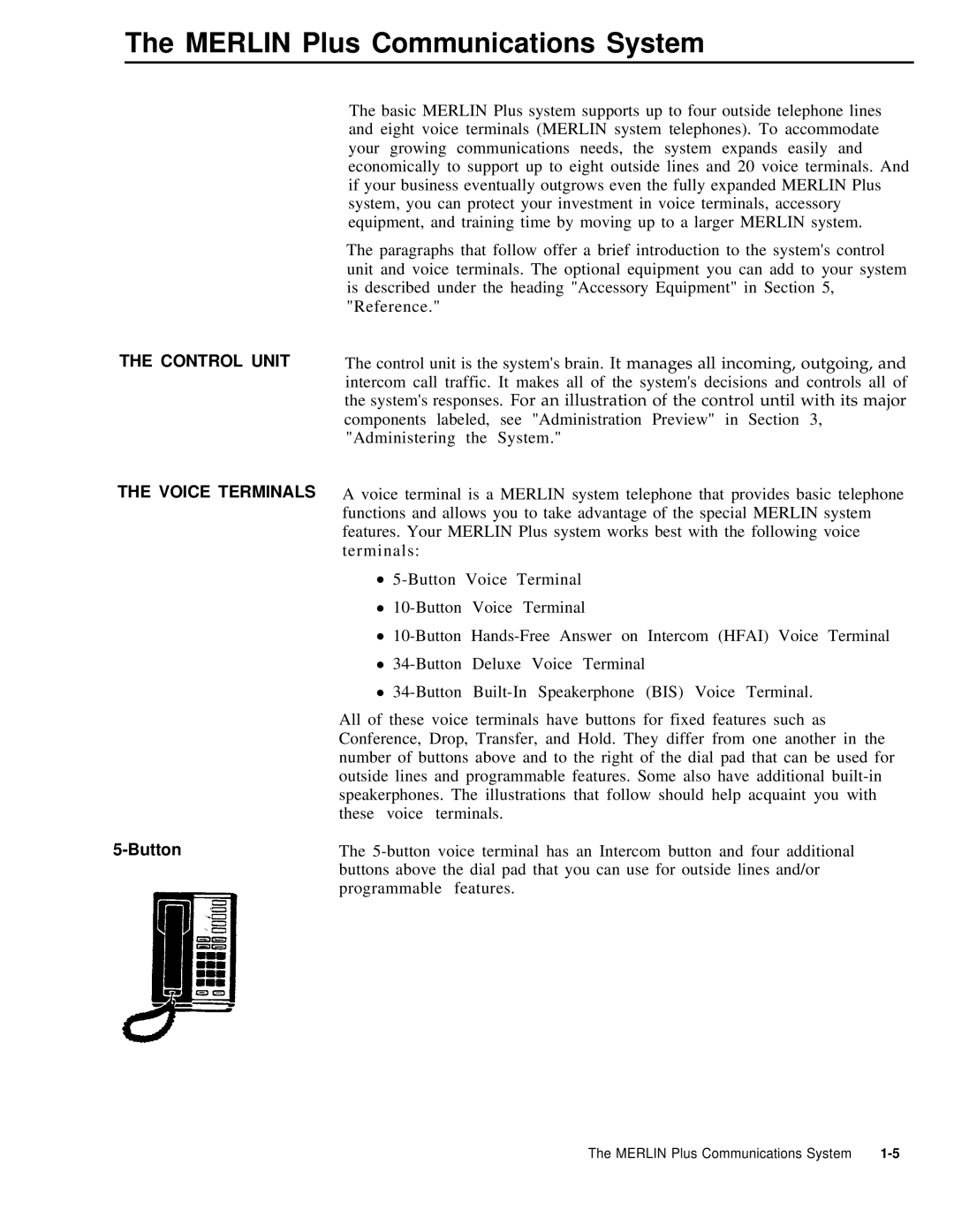 AT&T 999-507-144 system manual Merlin Plus Communications System, Control Unit, Voice Terminals, Button 