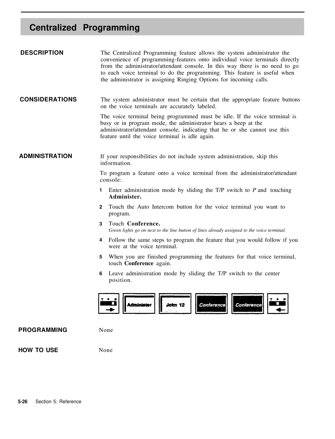 AT&T 999-507-144 system manual Centralized Programming, Touch Conference, PROGRAMMINGNone 